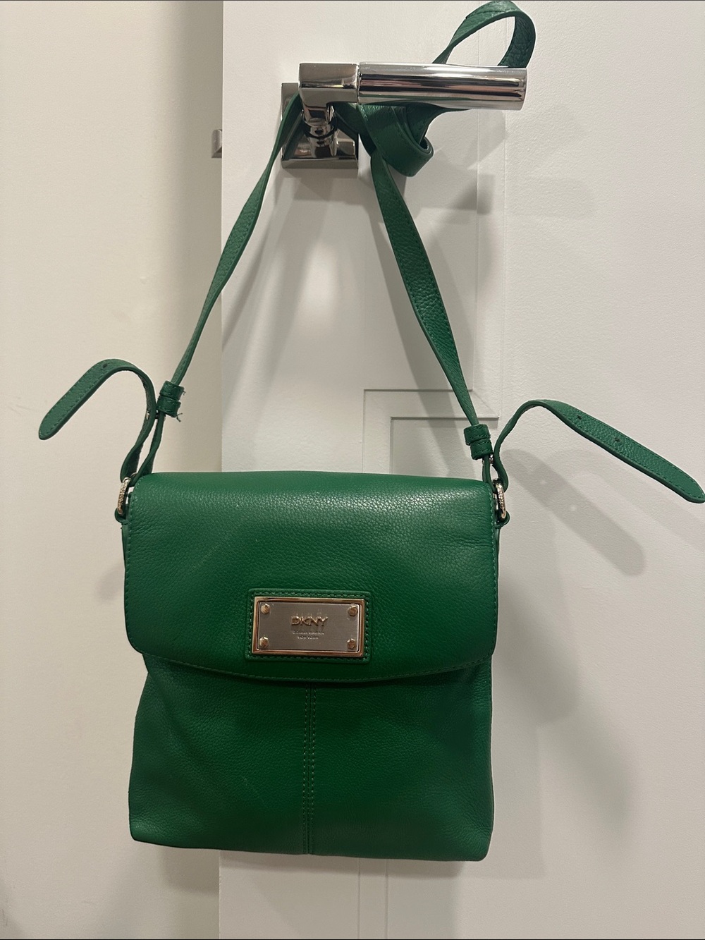 DKNYC Emerald Green Pebbled Leather Crossbody with Gold Plate